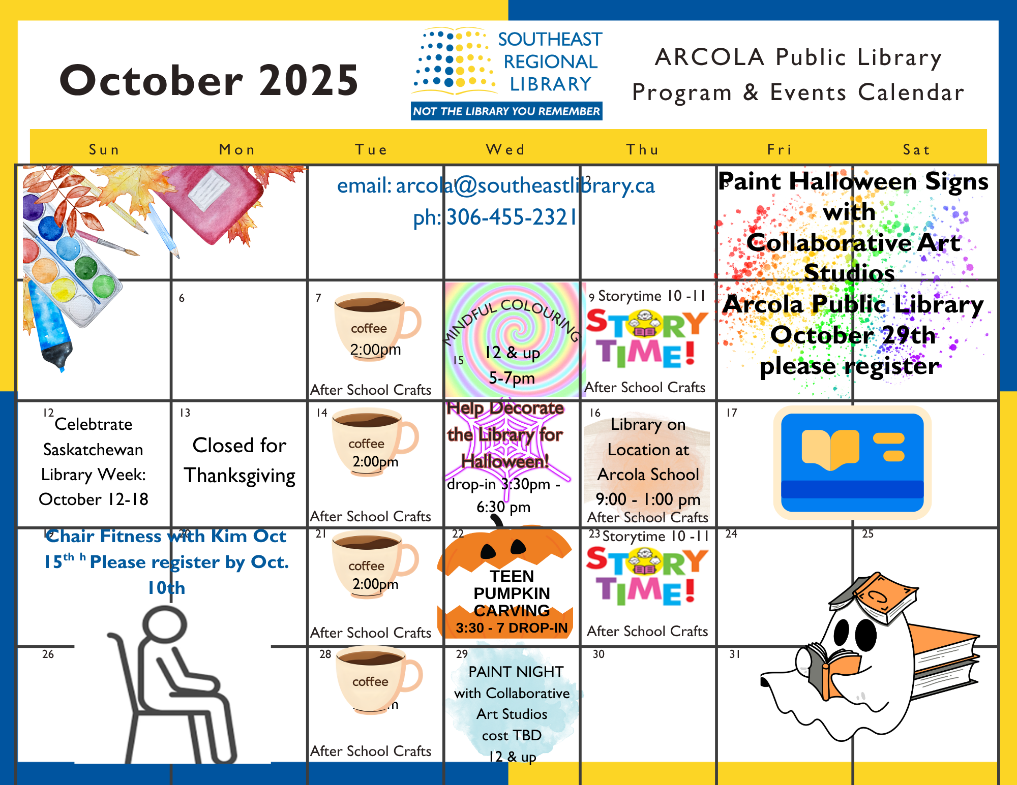 October 2025 program and events calendar for Arcola Public Library Branch