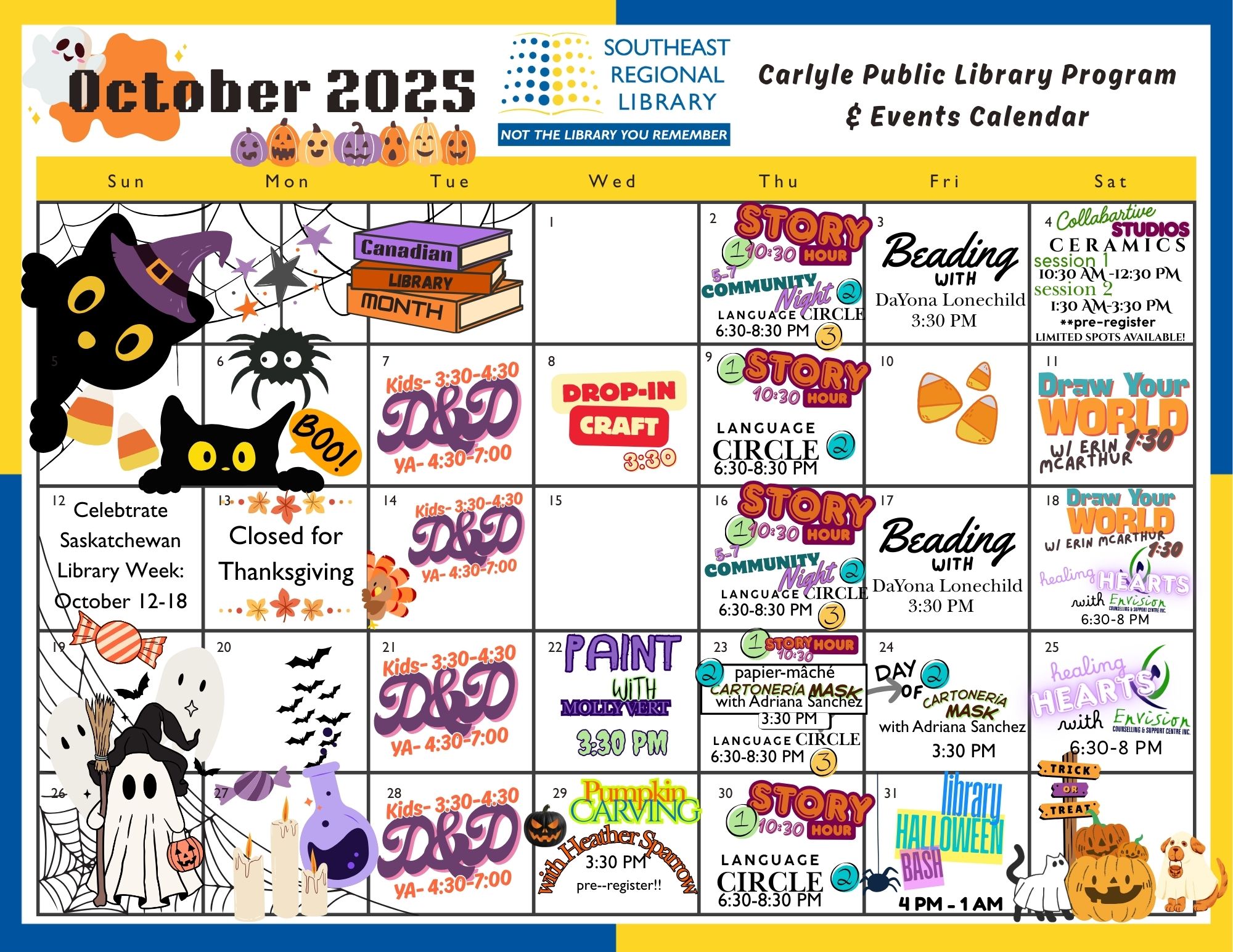 October 2025 program and events calendar for Carlyle Public Library Branch