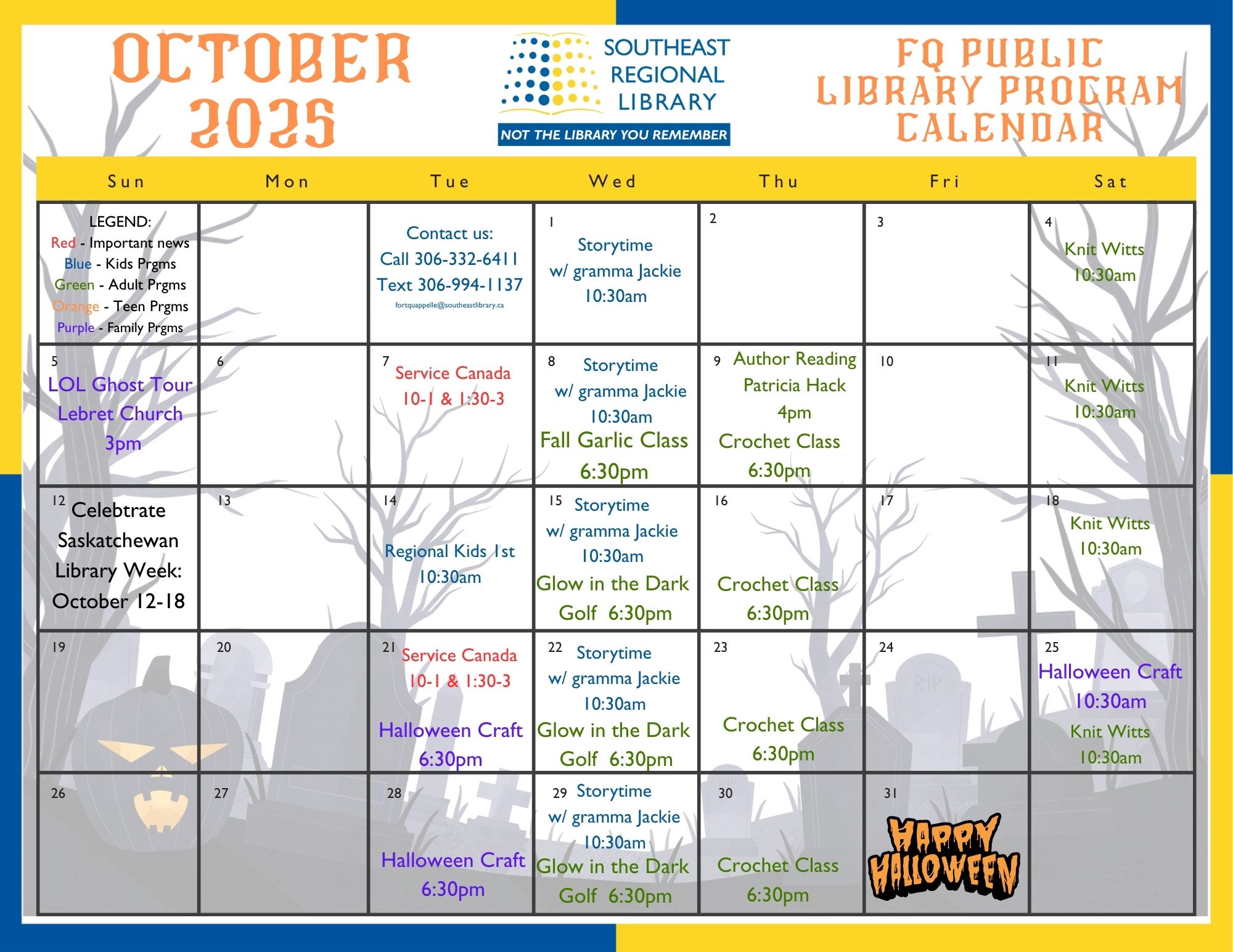 October 2025 program and events calendar for Fort Qu'Appelle Public Library Branch