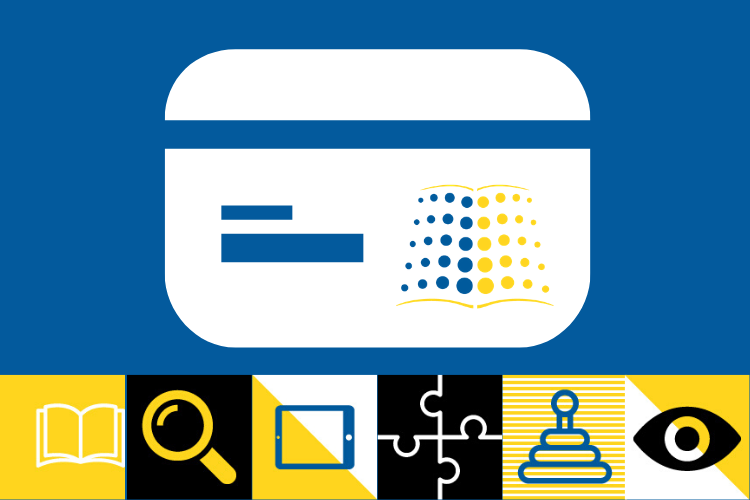 A graphic of a white library card with the Southeast Regional Library logo on it. Several yellow and black icons are across the bottom of the graphic, including a book, magnifying glass, tablet, puzzle pieces, joystick, and eye.