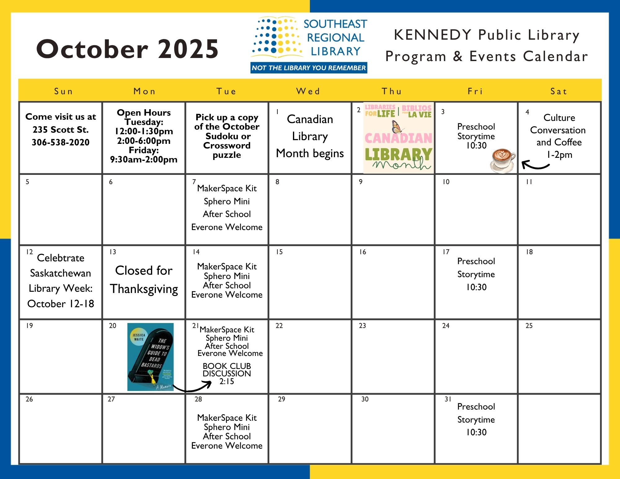 October 2025 program and events calendar for Kennedy Public Library Branch