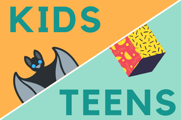 A rectangular graphic split diagonally across the centre. On the left side there is a bat and the text: kids. On the right side, there is a multicoloured cube and the text: teens.