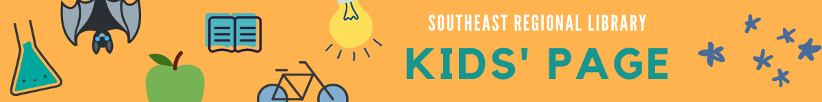 Pill-shaped banner with the text, Southeast Regional Library Kids' Page. Includes graphics of stars, a bicycle, a lightbulb, a bat, a book, and a conical flask from a science experiment.