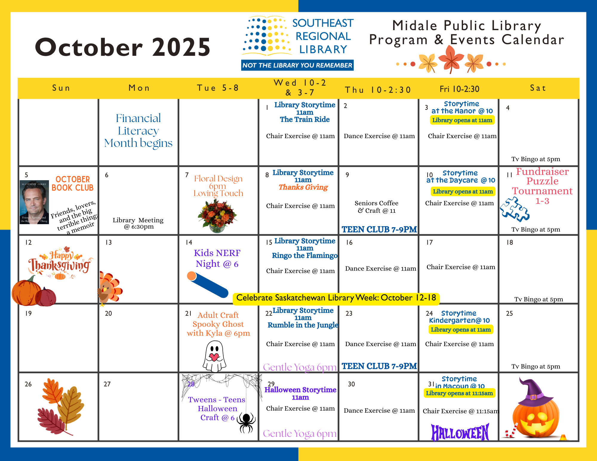 October 2025 program and events calendar for Midale Public Library Branch
