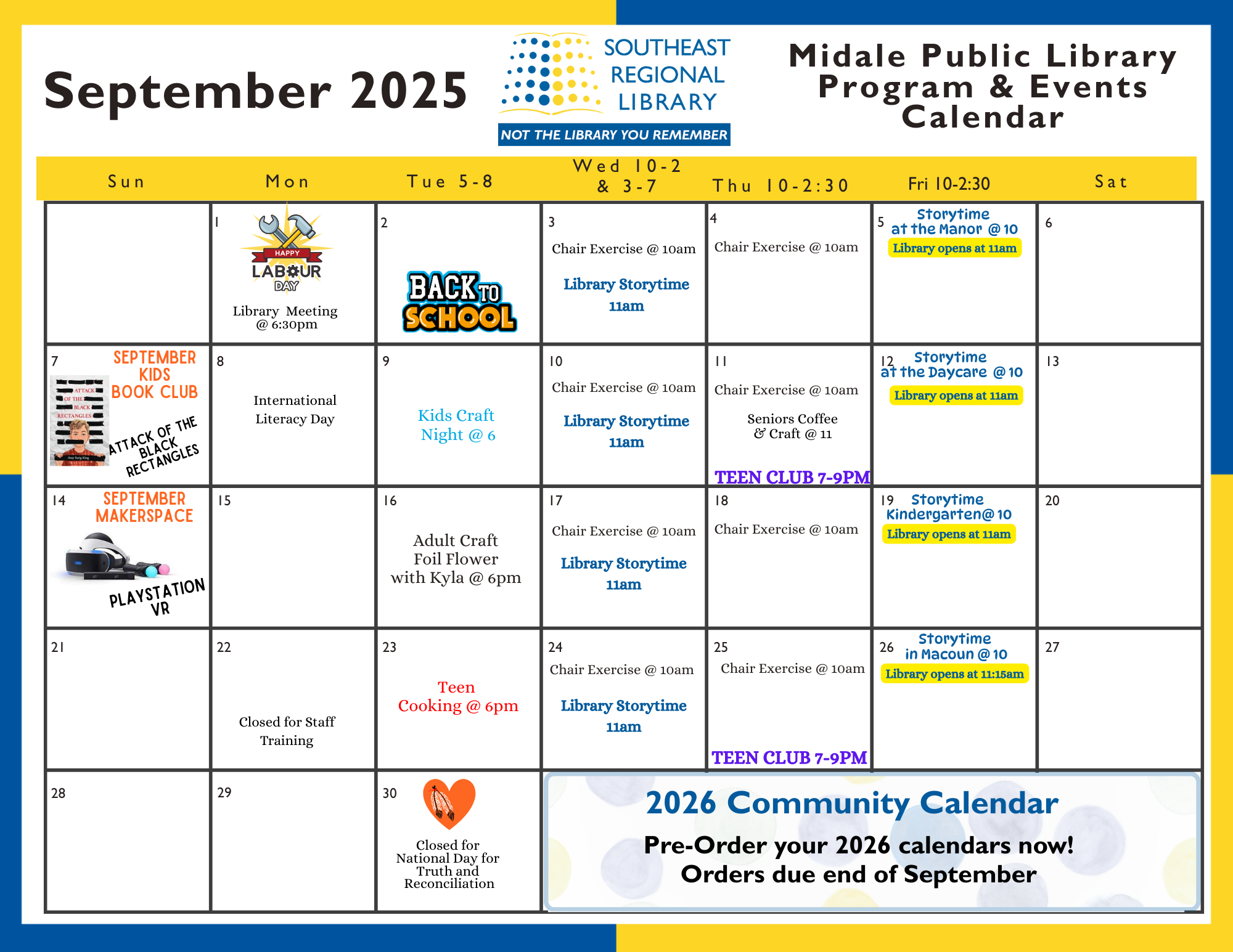September 2025 program and events calendar for Midale Public Library Branch