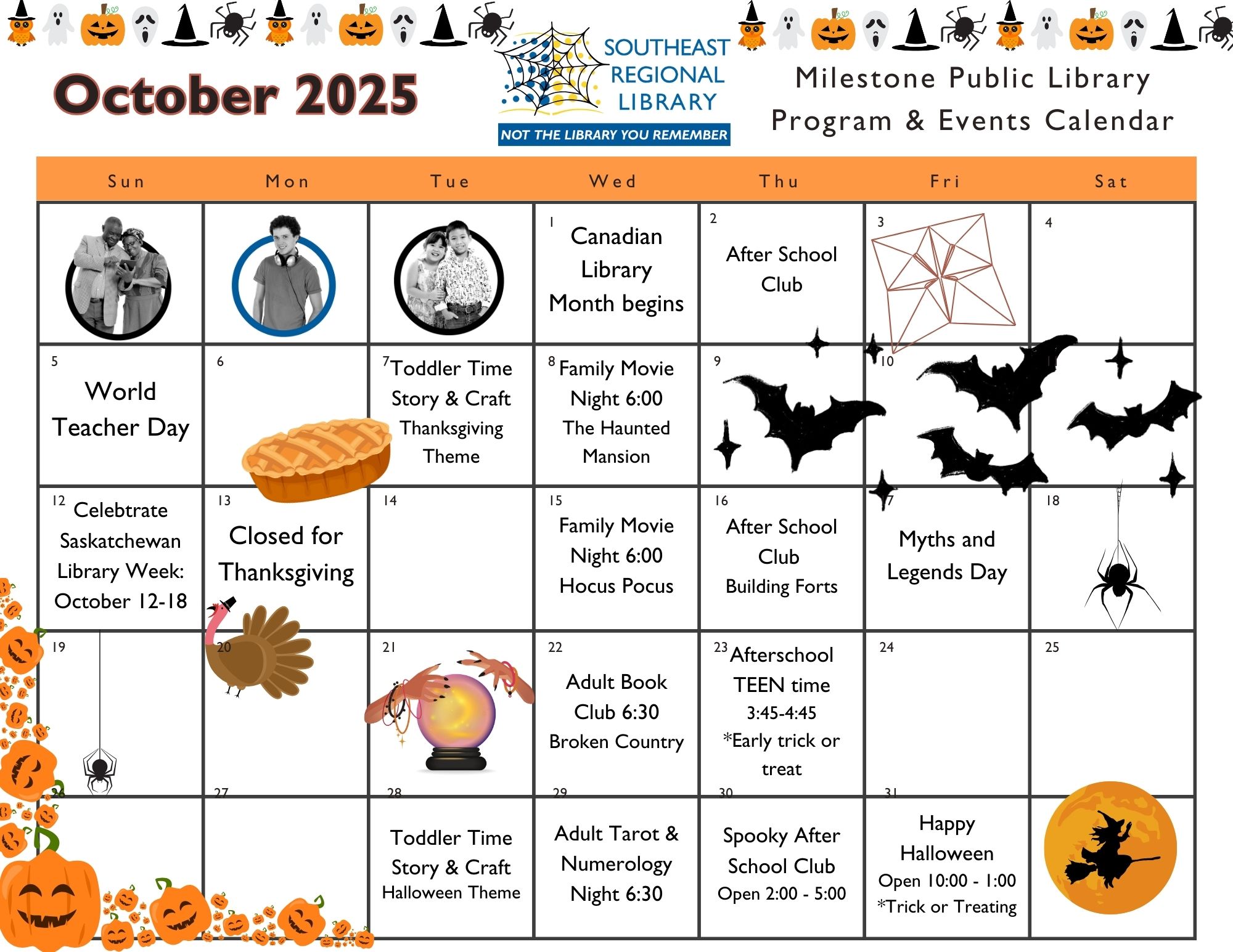 October 2025 program and events calendar for Milestone Public Library Branch