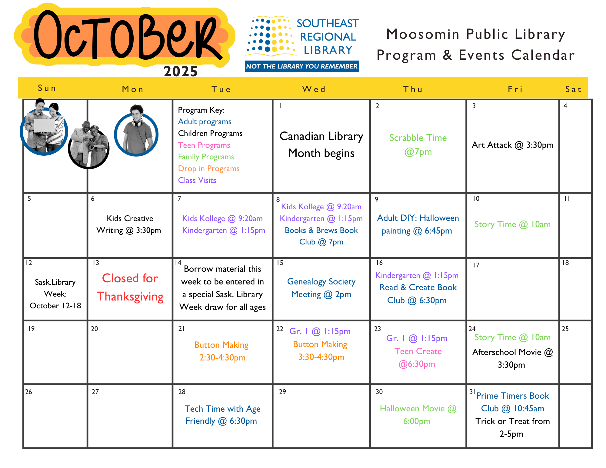 October 2025 program and events calendar for Moosomin Public Library Branch