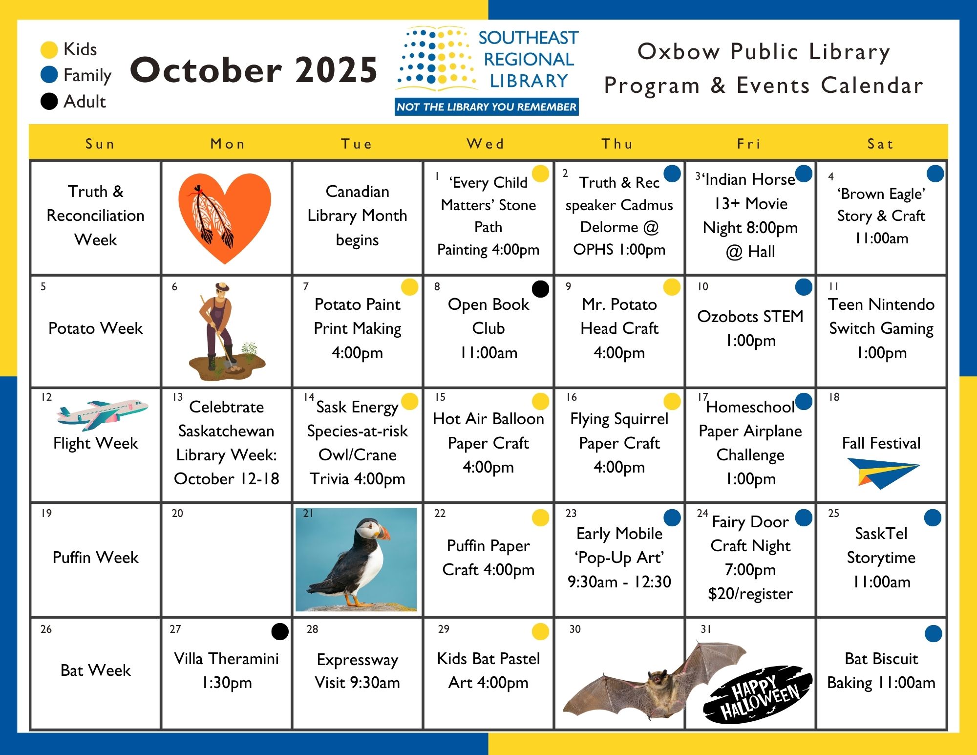October 2025 program and events calendar for Oxbow Public Library Branch