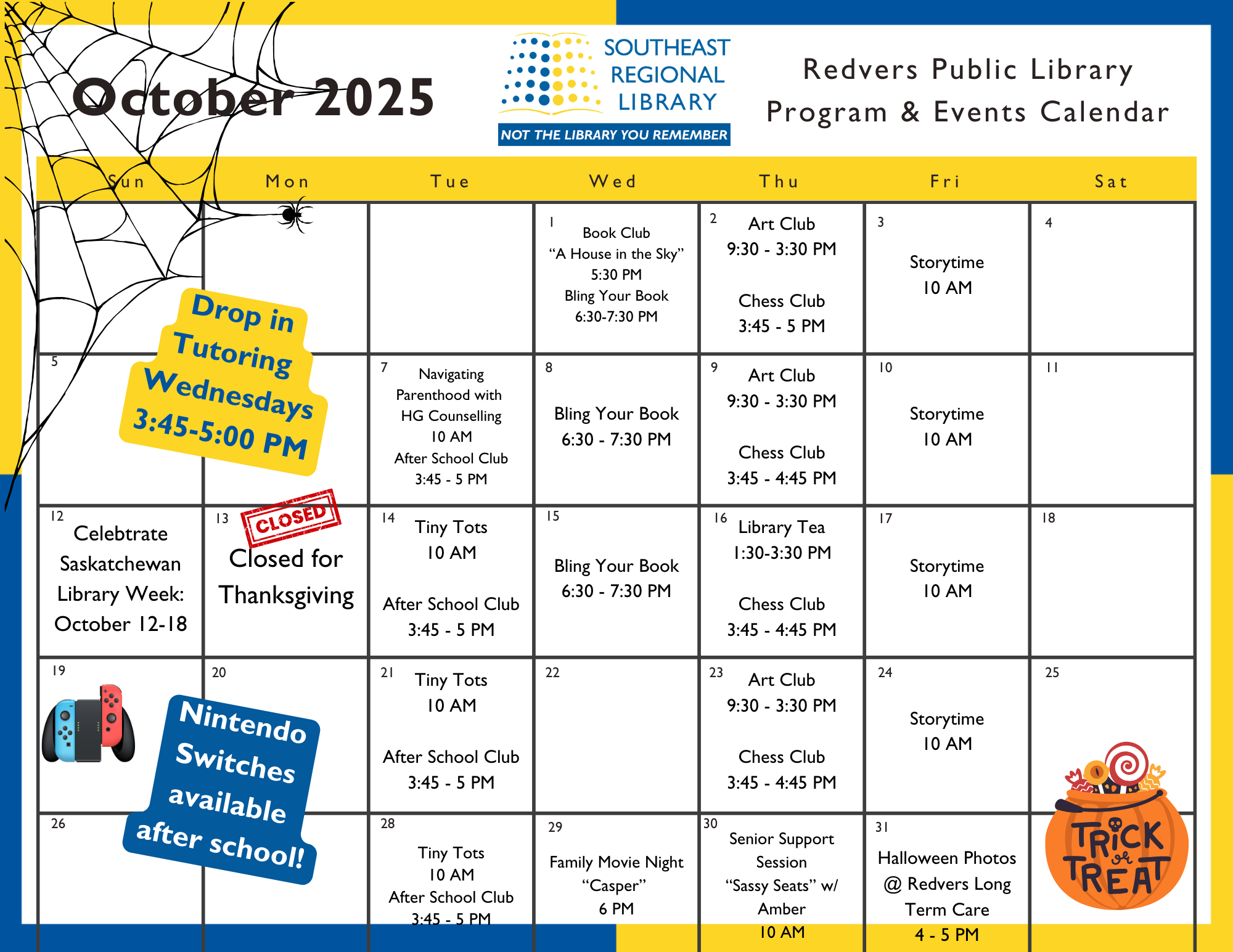 October 2025 program and events calendar for Redvers Public Library Branch