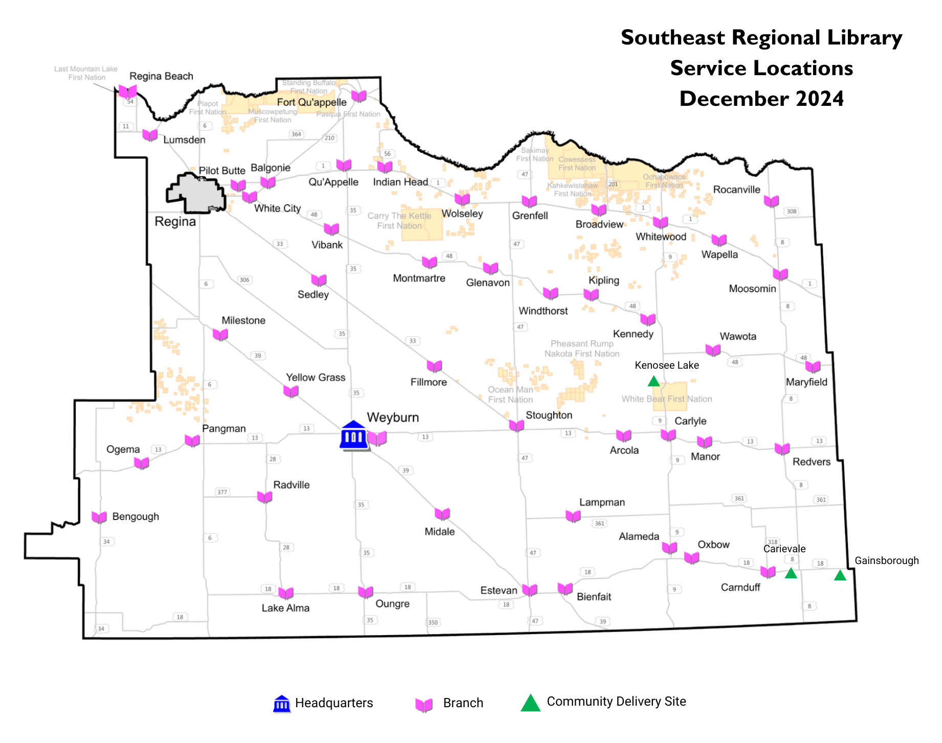 Southeast Regional Library service locations map, as of December 2024