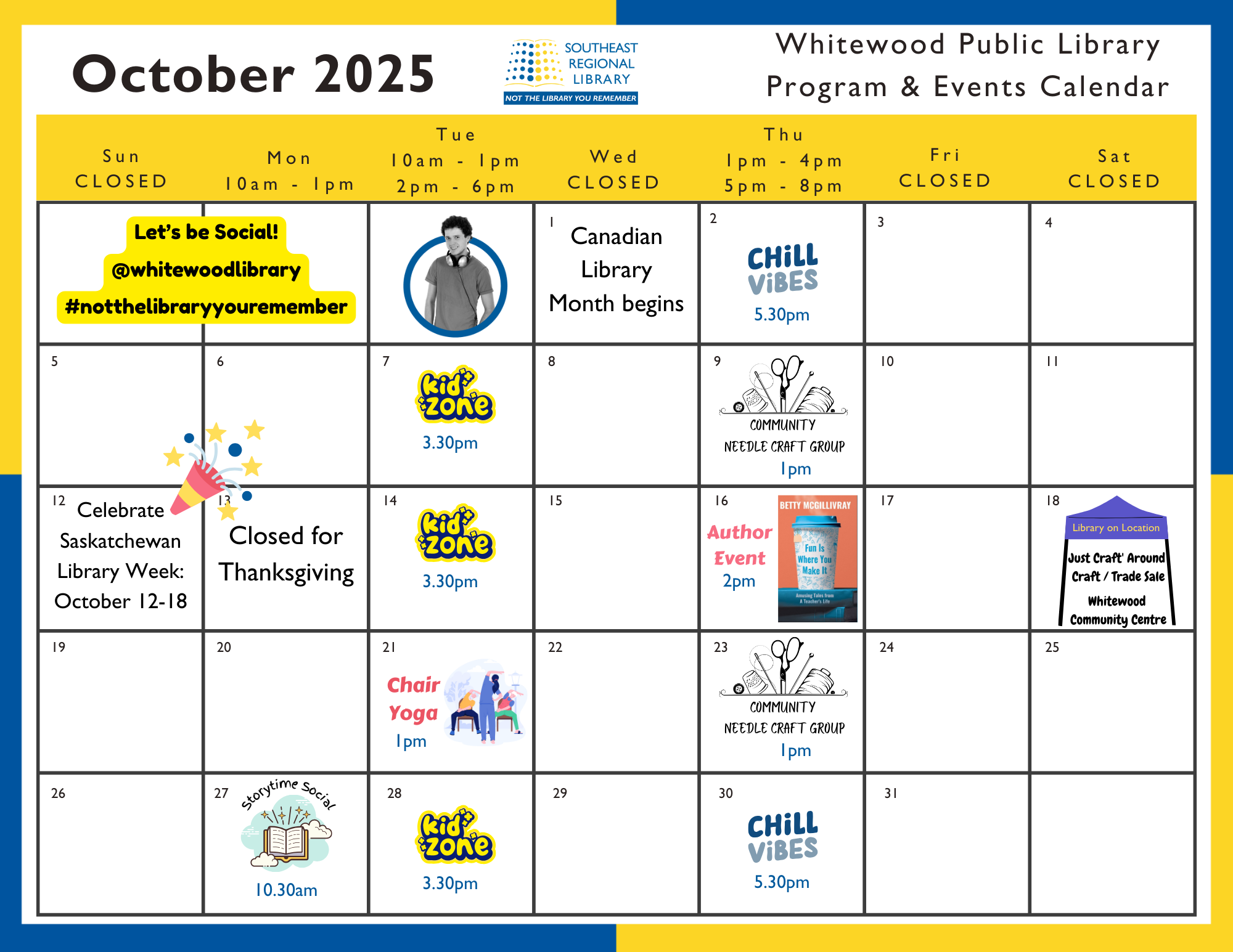October 2025 program and events calendar for Whitewood Public Library Branch