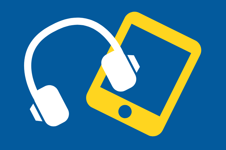 A graphic of white headphones and a yellow tablet, overlaid on a blue background.