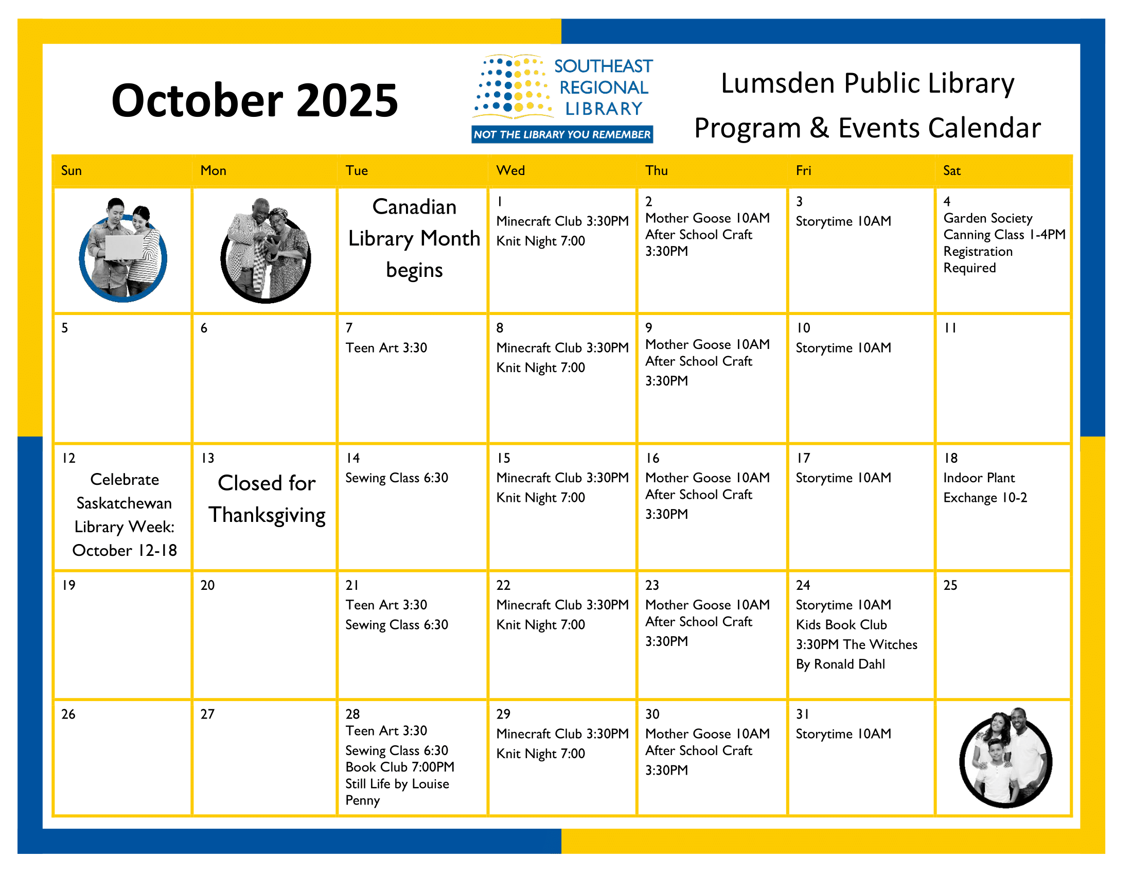 October 2025 program and events calendar for Lumsden Public Library Branch